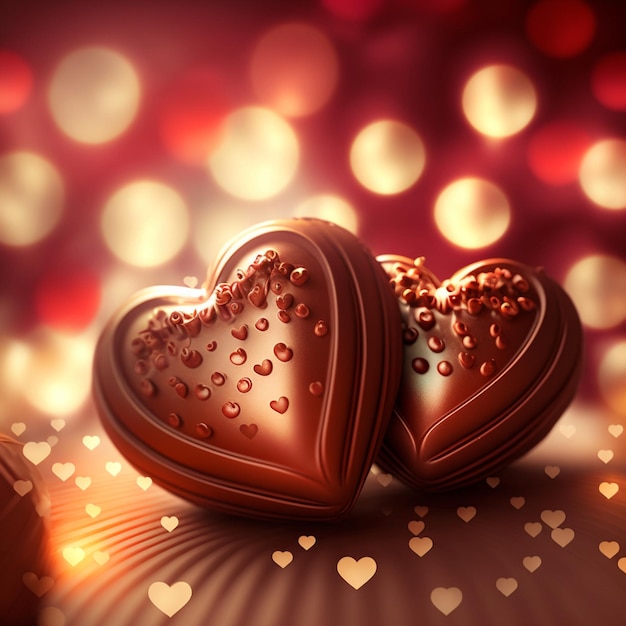 Dois corações de chocolate estão na frente de um fundo vermelho com luzes.