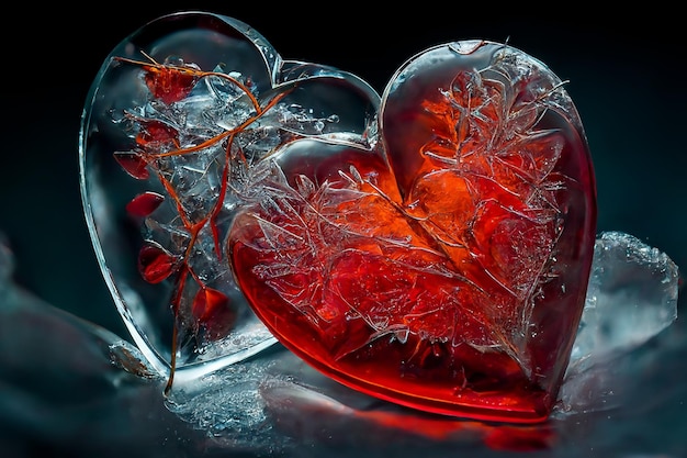 Dois corações de cristal closeup Cartão de dia dos namorados romântico Coração congelado no gelo Um símbolo do amor Temporada de inverno frio 14 de fevereiro A imagem criada com a tecnologia Generative AI