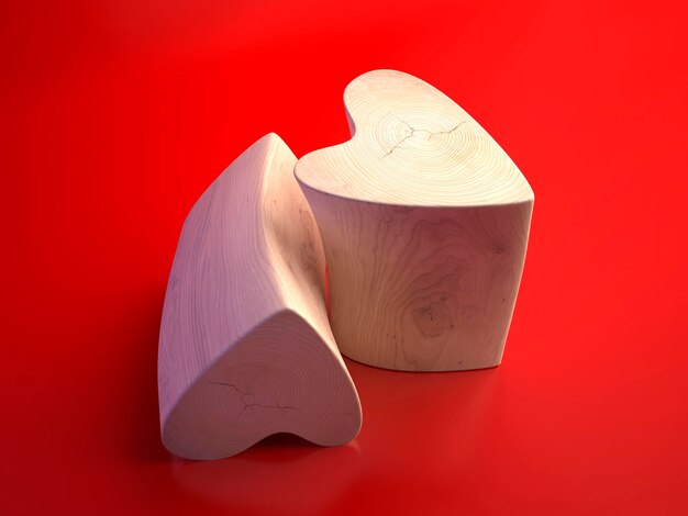 Dois corações de madeira em um fundo vermelho. corações em um fundo vermelho, simbolizando o amor. coração recortado em madeira. renderização 3d