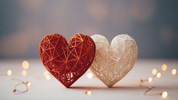 Dois corações de papel entrelaçados em uma tela vazia simbolizam a natureza profunda, porém simples, do amor