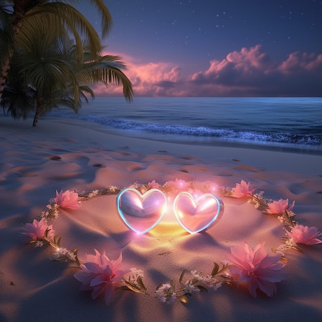 Foto dois corações em uma praia com uma palmeira ao fundo