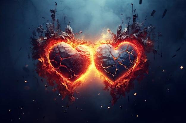Dois corações quebram e ardem com uma luz ardente símbolo da paixão do amor