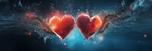 Dois corações vermelhos com efeito de salpico de água bandeira dia de São Valentim cabeçalho web panorâmico com espaço de cópia