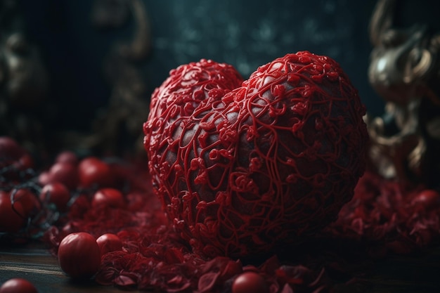 Dois corações vermelhos estão sobre uma mesa com fundo escuro.
