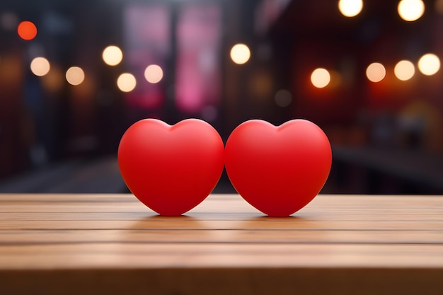 Dois corações vermelhos numa mesa de madeira