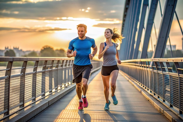 dois corredores correndo juntos na ponte à noite