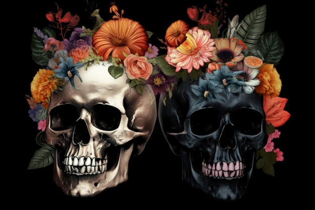 Dois crânios com flores em suas cabeças IA generativa