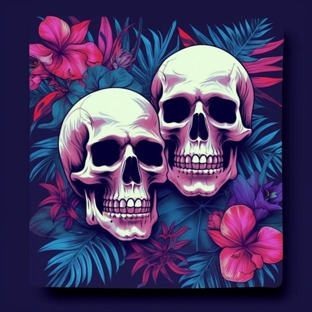 dois crânios com flores em um fundo escuro generativo ai
