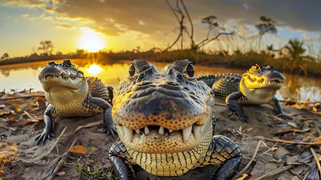 Dois crocodilos estão sentados na areia com a boca aberta