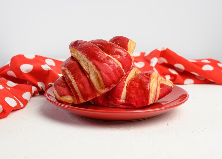 Foto dois croissants assados com esmalte de cereja em uma mesa branca de placa de cerâmica vermelha