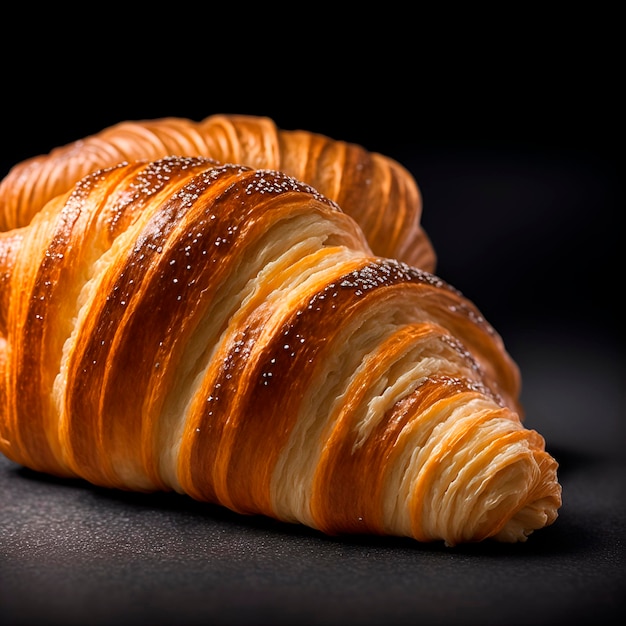 Dois croissants estão sobre uma mesa com fundo preto.