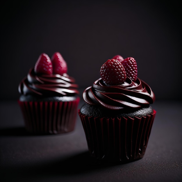 Dois cupcakes com cobertura de chocolate e morangos por cima.