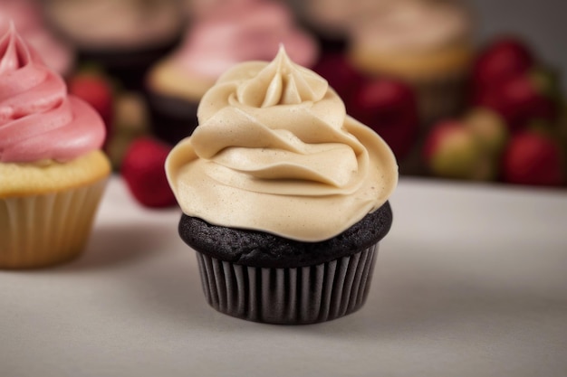 Dois cupcakes frescos e saborosos, muffin de chocolate, creme de baunilha e biscoito, creme de baga rosa closeup