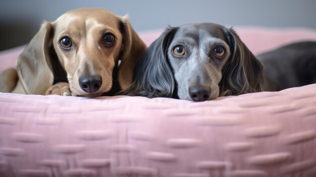 Foto dois dachshunds adoráveis descansando em um cobertor rosa com olhos cheios de alma e uma presença reconfortante
