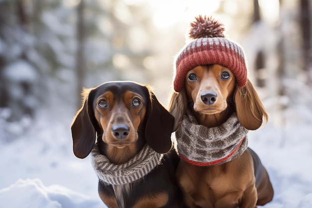 Foto dois dachshunds bonitos em chapéus e lenços no cão de inverno em roupas