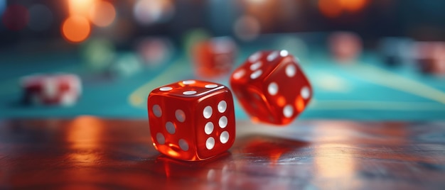 Dois dados vermelhos comumente usados em cassinos para jogos de azar e emoção são vistos descansando na superfície de uma mesa