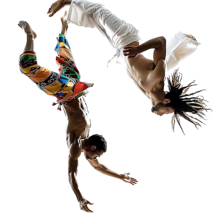 Foto dois dançarinos de capoeira no ar demonstrando habilidades acrobáticas