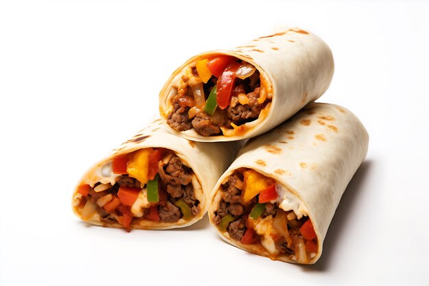 Foto dois deliciosos burritos com carne e pimentas sobre um fundo branco