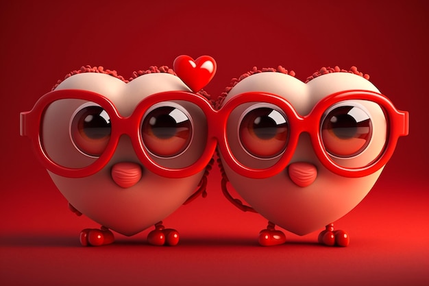 dois desenhos de coração amoroso usando óculos de renderização 3d