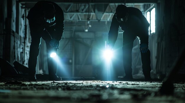 Foto dois detectives bem vestidos com luvas de proteção vasculham o interior de um escuro e abandonado