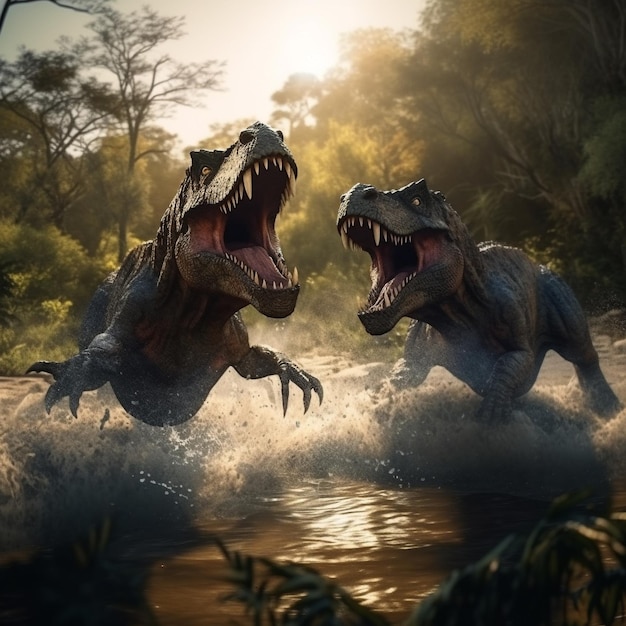 Dois dinossauros a lutar num rio com a boca aberta.