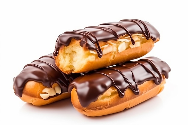 dois donuts cobertos de chocolate com uma mordida em um
