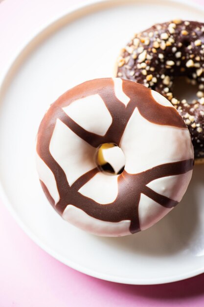 Dois donuts com cobertura de chocolate e amendoins em um fundo rosa Fechar