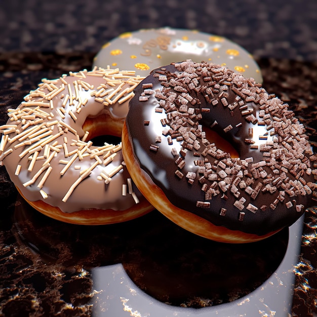 Dois donuts com cobertura de chocolate e confeitos sobre uma mesa.