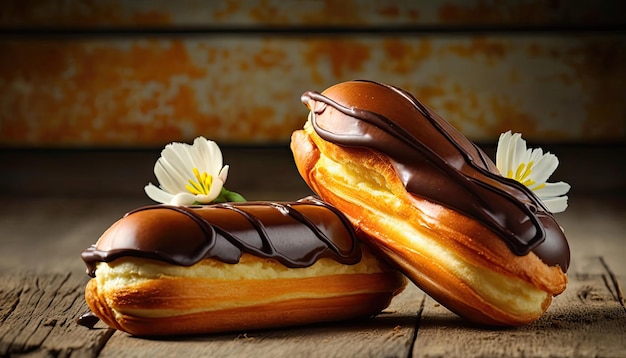 Dois donuts com cobertura de chocolate e uma flor ao lado