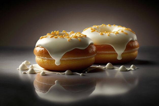 Dois donuts com glacê branco e glacê de laranja sobre uma mesa.