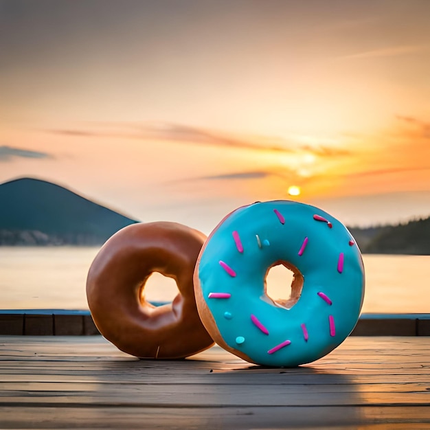 Dois donuts estão sentados em uma doca perto da água.