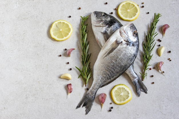 Dois dorado orgânico do mar cru fresco ou dourada com especiarias e limão em um fundo cinza Copiar espaço