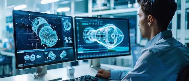 Dois ecrãs de monitor mostram software CAD com um protótipo 3D de um conceito de motor elétrico ecológico apresentado por um engenheiro industrial em um computador pessoal