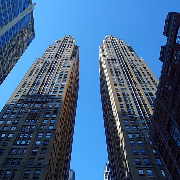 Dois edifícios modernos em pé contra um céu azul