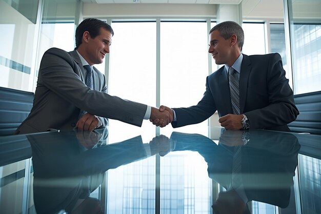 Dois empresários apertando as mãos em uma mesa de vidro em um escritório