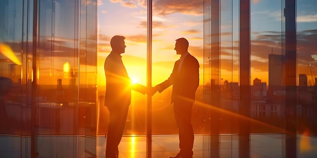 Dois empresários apertando as mãos no escritório ao nascer do sol após um negócio bem-sucedido Conceito Negócio Sucesso Apertar de Mão Reunião ao Nascer do Sol