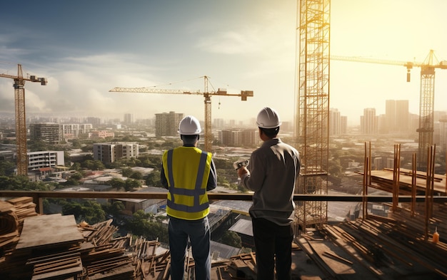 Foto dois empresários asiáticos engenheiros de construção supervisionando o progresso do projeto de construção