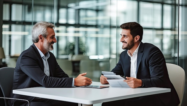 Dois empresários conversando e sorrindo enquanto estão sentados à mesa no escritório