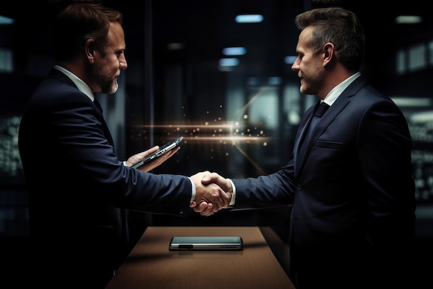 Dois empresários em um escritório apertam as mãos para sinalizar um acordo