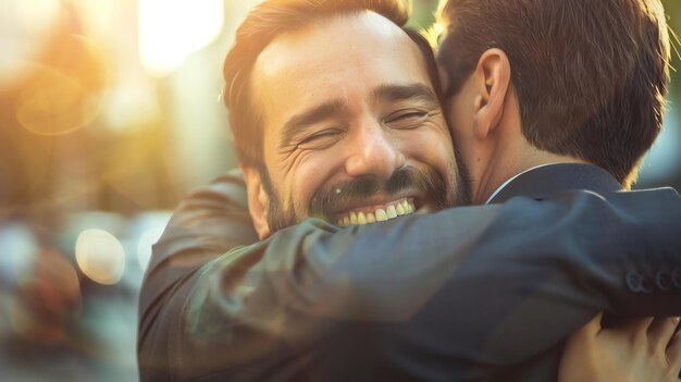 Foto dois empresários estão se abraçando ao ar livre na cidade eles estão ambos sorrindo e parecendo felizes o sol está brilhando no fundo
