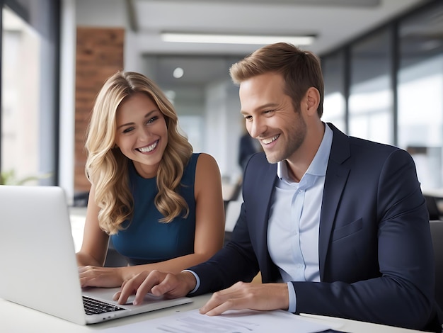 Foto dois empresários profissionais sorridente falando usando um computador portátil trabalhando em um escritório