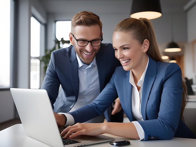 Dois empresários profissionais sorridente falando usando um computador portátil trabalhando em um escritório