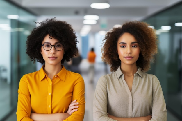 Dois empresários sorrindo, mulheres felizes multiétnicas, colegas de raça mista, colegas de trabalho em pé