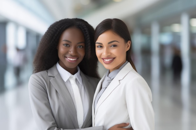 Dois empresários sorrindo, mulheres felizes multiétnicas, colegas de raça mista, colegas de trabalho em pé