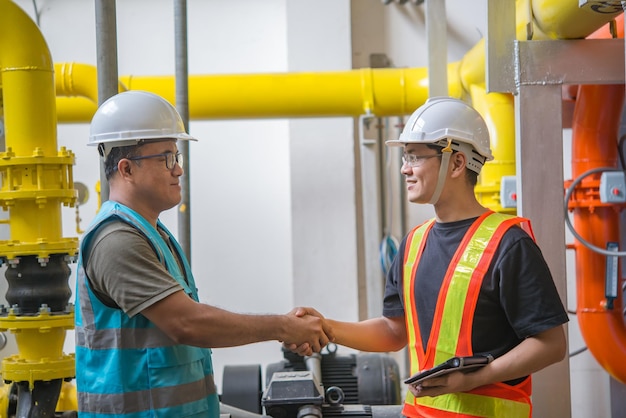 Dois engenheiros apertando a mão na manutenção da sala da caldeira verificando os dados técnicos do equipamento do sistema de aquecimentoTailândiapessoasDiscutir a questão sobre a pressão do tubo