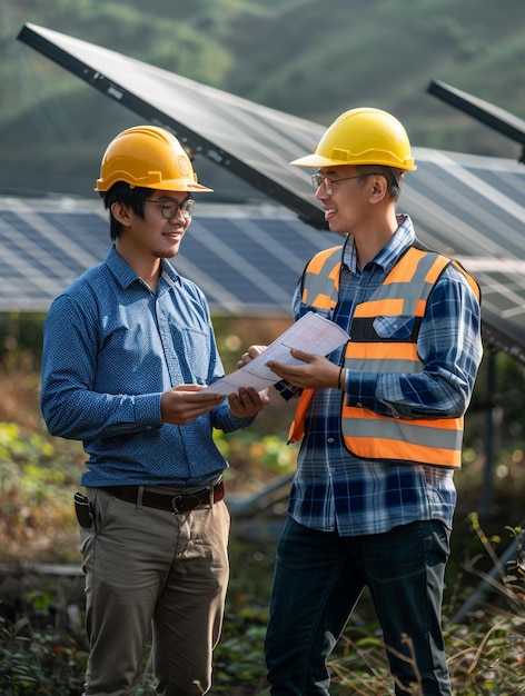 Dois engenheiros asiáticos com capacetes discutindo planos em um campo de painéis solares exibem trabalho em equipe e colaboração em meio à infraestrutura de energia renovável