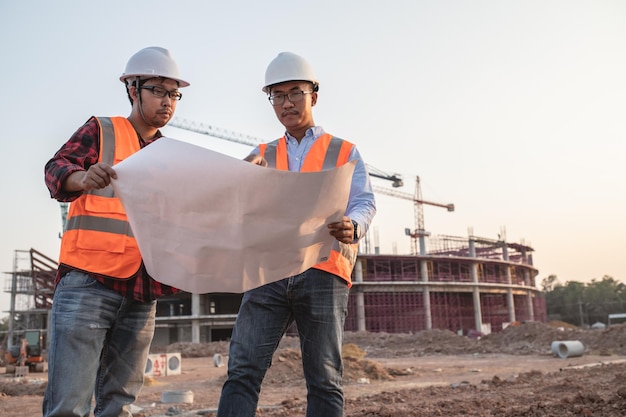 Dois engenheiros asiáticos trabalhando no local de um grande projeto de construçãoPovo da TailândiaTrabalhar horas extras no canteiro de obrasEquipe de engenheiros discus no local