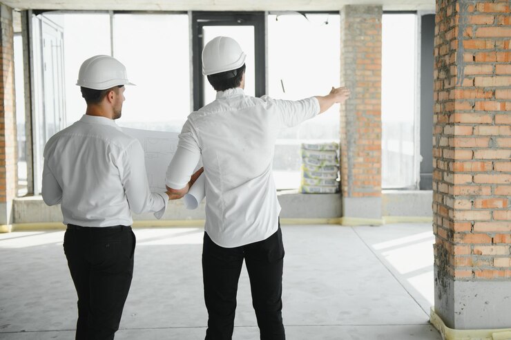 Foto dois engenheiros civis ou arquitetos inspecionando a construção da casa