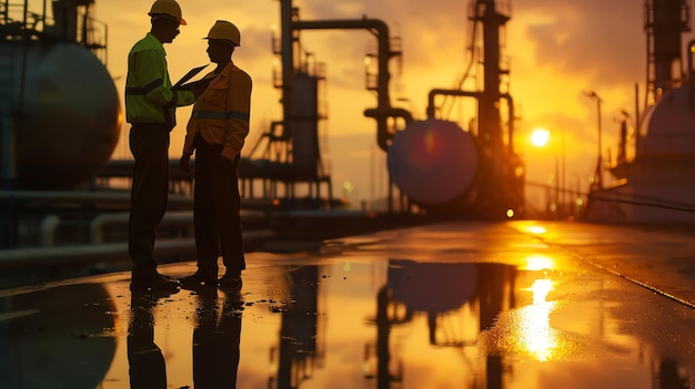 Foto dois engenheiros de capacetes discutem planos numa refinaria de petróleo. o sol se põe ao fundo, lançando um brilho dourado sobre a cena.