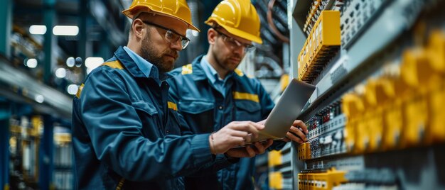 Dois engenheiros de manutenção inspecionam o sistema de proteção do relé com um computador portátil Unidade de controle da baía Comutador de tensão média